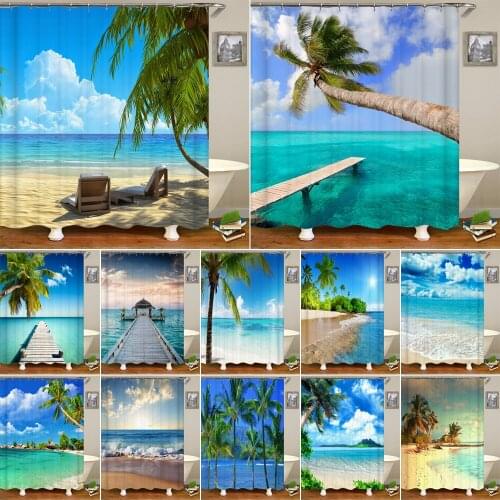 Large Size High Quality Sunny Beach Printed Fabric Shower Curtains Sea Scenery Bath Screen Waterproof Products Bathroom Decor