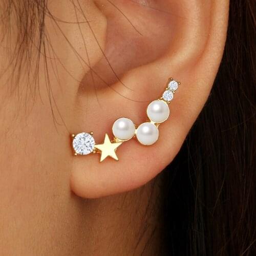 Wholesale Korean New Trendy Pearl Rhinestone Earrings Pentagram Stud Earrings For Women Fashion Jewelry 2021 Oorbellen Brincos