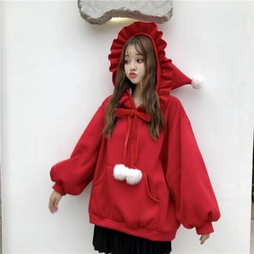 Winter Warm Kawaii Hooded Pullover Women Christmas Long Hoodies Oversize Cloth Red Yellow Cute Ruffle Lolita Lovely Sweatshirts