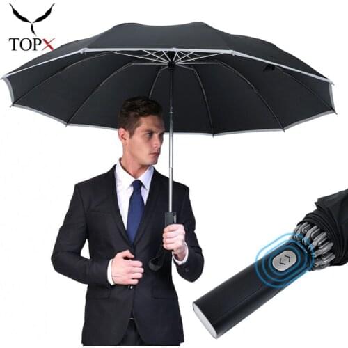 Windproof Reverse Folding Automatic Rain Umbrella Men Women 3Folding Rain Umbrella 10 Ribs Reflective Stripe Portable Parasol