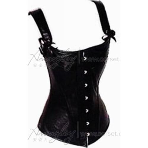 100% Genuine Cowhide Leather Black Strap Pattern Corset Top