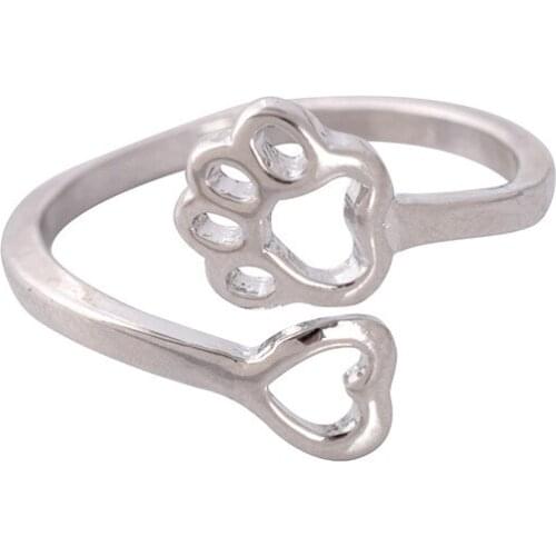 12Pcs/lot Simple Silver Adjustable Dog Paw Love Heart Ring Cute Animal Paw Ring for Women