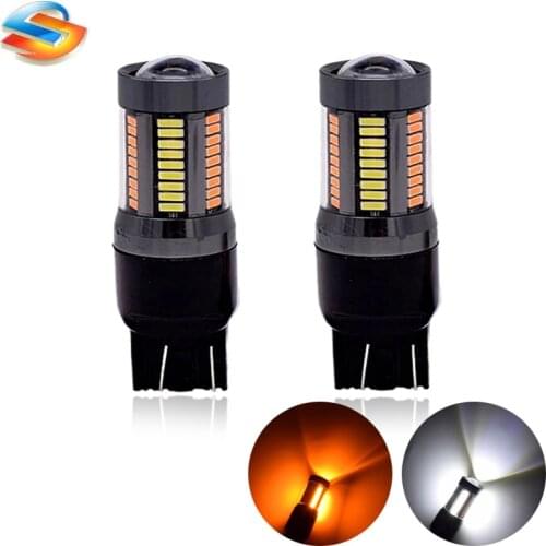 2pcs T20 Amber White Switchback LED 7443 4014 66SMD Led Turn Signal Bulb Brake Light With Lens DC 12V