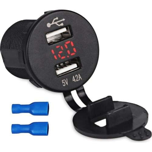 Car Auto Charger 4.2A 5V Double USB Socket Car Charger Dashboard Waterproof Car Motorcycle USB Socket Voltmeter 12-24V 5 Colors
