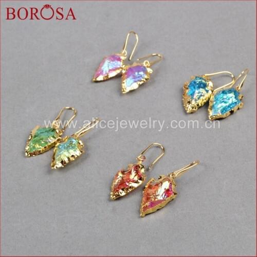 BOROSA Rough Natural Titanium Quartz Charm Druzy Earrings Gold Color Quartz Stone Dangle Earrings Drop Earrings for Women G0757