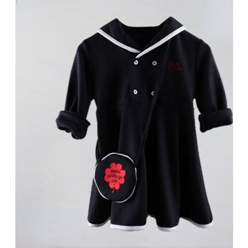 Spring and Autumn Long Sleeve Dress Childrens Cotton Summer Dress Navy Embroidered With Small Bag Fashion Long Sleeve Dress
