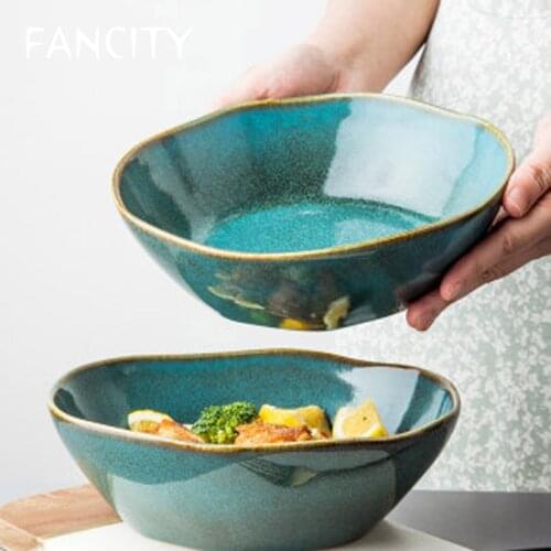FANCITYQingdai Irregular Home Salad Bowl Lotus Leaf Bowl Creative Nordic Ceramic Bowl Noodle Bowl Shaped Vegetable Bowl Large