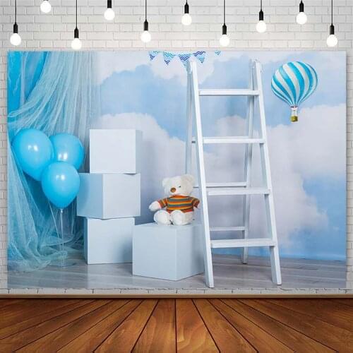 Baby Shower Birthday Backdrop Blue Hot Air Balloon Yarn Curtain Toy Bear Boy Photography Background Studio Photozone Decor Props
