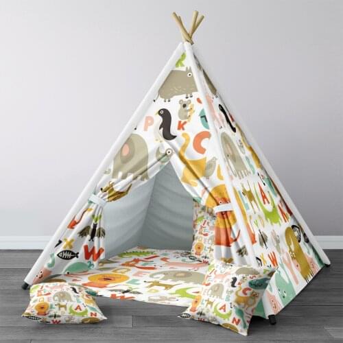 Play Tent for Kids Wigwam Portable Indoor Playground Tents Children Bedrooms White Alphabet Elephant Lion Model 1389