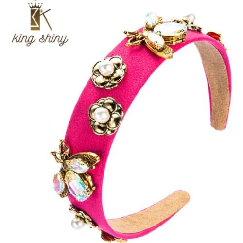 King Shiny Vintage Baroque Crystal Bee Designer Headband Elegant Imitation Pearl Beaded Metal Flower Hairband Girls Party Bezel