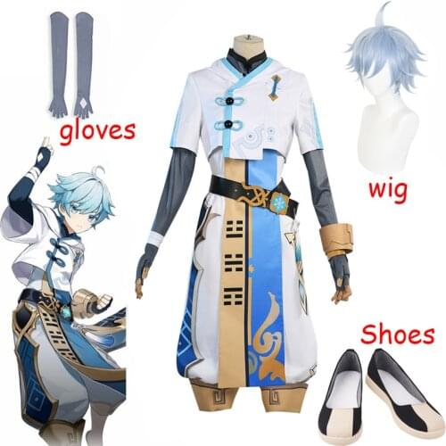 Anime Game Genshin Impact Cosplay Chongyun Cosplay Costume Game Genshin Impact Chong Yun Costume Halloween Chongyun Blue Wig+cap