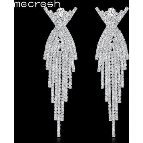 Mecresh Silver Color Bride Long Hanging Earrings Crystal Rhinestone Tassel Earrings for Women Wedding Engagement Jewelry EH1175