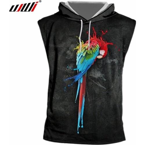 UJWI Mens Hot New Loose Parrot Black and red Vest 3D Printed Funny Short Sleeve Hooded Tank Top Big Size 5XL