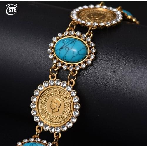 Middle East African 21+5cm Crystal Allah Coin Bracelet for Women Men Gold Color Turkey Muslim Islam Bangle Arab Turks Jewelry
