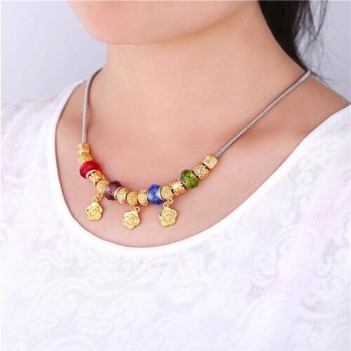 Kpop Necklace Women DIY Jewelry Gold Color Crystal Glass Beads Chain Trendy New Rose Pendant Choker Necklaces N129