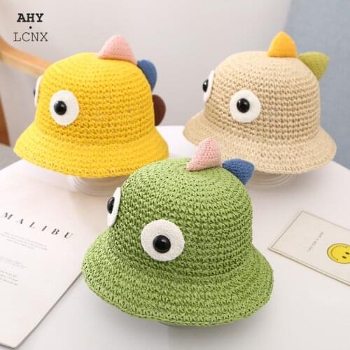 Summer Cute Dinosaur Baby Straw Hat Boys Girls Bucket Hats Kids Beach Outdoor Bucket Sun Hat Protection Children Fisherman Cap