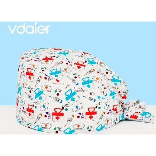 Pet shop beauty scrub hat 100% cotton breathable Medical pattern printing surgical cap laboratory female work cap Working Cap