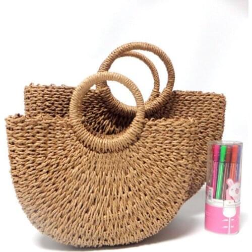 Retro Women Vacation Straw Bag Straw Bags For Women Round wicker bag Beach Handbag Ladies Fashion Drawstring Bag