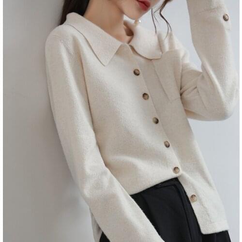 Knitted cardigan womens 100% pure wool loose jacket thin spring autumn shirt versatile temperament polo collar shirt 2021 new