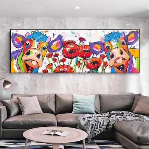 Funny Colorful Abstract Cow Floral Canvas Painting Print Poster for Kids Living Room Decorative Wall Art Picture Home Decoration