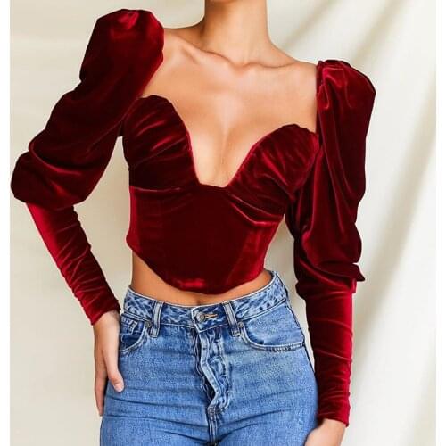 OMSJ Velvet Long Sleeve Women Elegant Slim Crop Top Autumn Newest Lady Square Collar Sexy Backless T Shirt Streetwear Tee Female