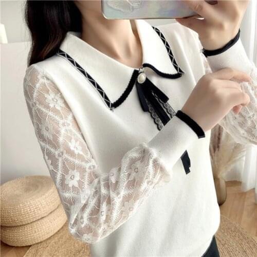 Woman Sweaters Womens Knitted Lace Bow Mesh Long-Sleeved Pullover Sweater