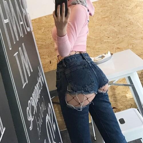 Vintage Ripped Hole Booty Jeans Women Sexy Pencil Pants High Waist Denim Pants Female Jeans Trousers Streetwear