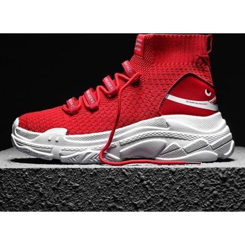 GRAM EPOS Shark Prints High Top Sneakers Women Knit Upper Breathable Sock Shoes Thick Sole Fashion Sapato Feminino Black/White