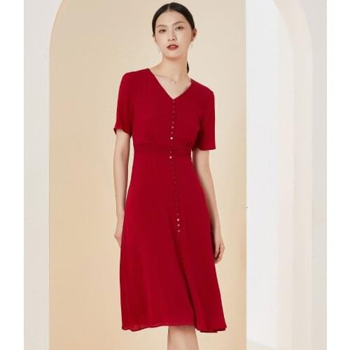 Gowani Real Silk Solid Retro Button Through 100% Silk Dress Women High Waisted Elegant Event Wear Luxury Premium Quality