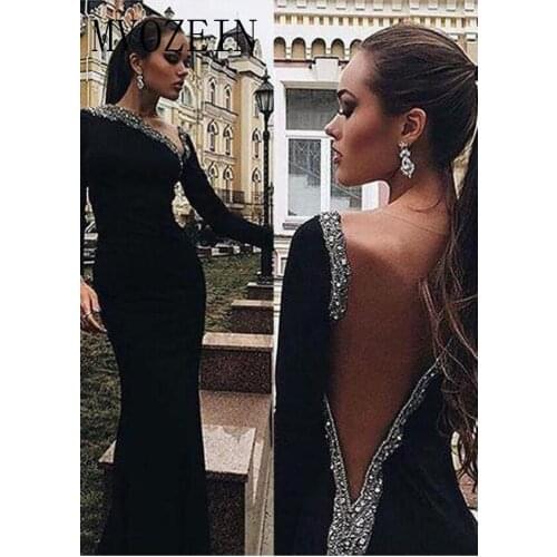 Vestido de festa Mermaid Evening Dresses Black Long Sleeves Crystal Beading Floor Length Evening Dress Formal Party Gowns