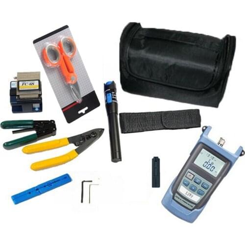10 In 1 FTTH Fiber Optic Tool Kit with FC-6S Fiber Cleaver and Optical Power Meter 1-5MW Visual Fault Locator Wire stripper