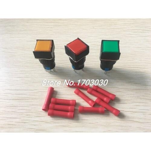3Pcs DC 24V LED Lamp SPDT Self Locking Square Pushbutton Switch 16mm w Connectors