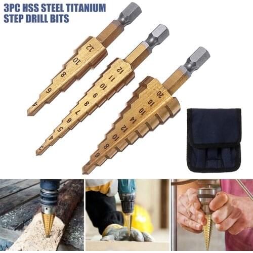 3Pcs HSS Metal Drill Hole Cutter Bit Set Two Flute Hex Shank Titanium Step Drill Home DIY Construction Tool With Pouch