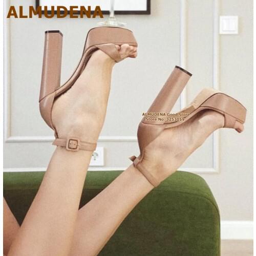 ALMUDENA Nude Matte Leather Chunky Heel Sandals High Platform Square Buckle Strap Dress Pumps Concise Party Shoes Size46 Heels