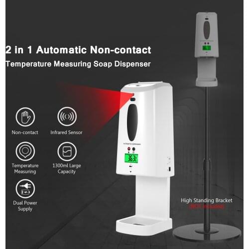 2 in 1 Automatic Non-contact Temperature Measuring Soap Dispenser with 3-Color Backlight LCD Screen 1300ml Auto Soap Dispenser