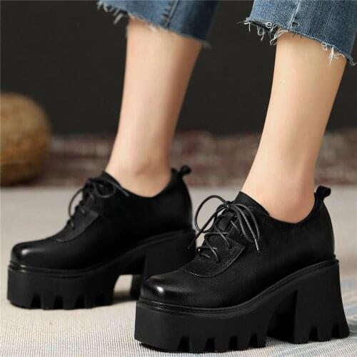 Women Lace Up Genuine Leather High Heel Military Ankle Boots Female Low Top Square Toe Chunky Platform Pumps Shoes Casual Shoes