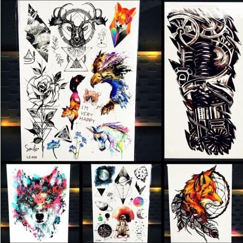 Geometric Triangle Rose Flower Arm Sleeve Temporary Tattoo Sticker Fake Galaxy Fox Deer Body Art Flash Tattoo Stickers PLZ409