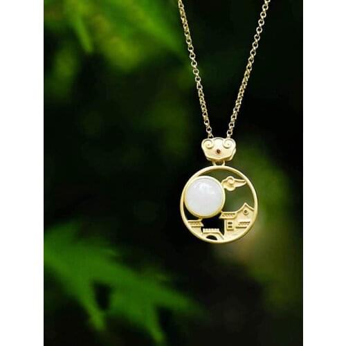 Natural Hetian Jade White Jade White Jade Ancient Style S925 Sterling Silver Pendant Jade Vintage Gilding Craft Silver Necklace