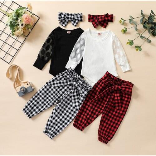 FOCUSNORM 0-18M Newborn Baby Girl Clothes Sets Dot Mesh Long Sleeve Romper Tops Plaid Printed Pant Trouser Headband 3PCS