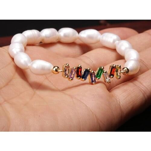 2020 New Product Pure Natural Freshwater Pearl Plastic Elastic Beaded CZ Connector Rope Charm Bracelet For Girls Dainty Gift