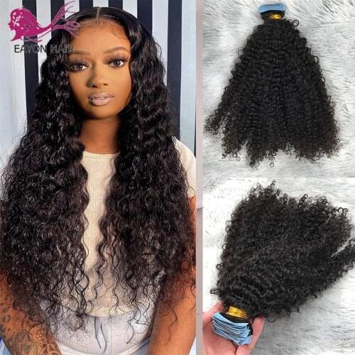 Kinky Curly Tape In Human Hair Extensions For Black Women 40pieces Skin Weft Adhesive Invisible Brazilian Tape Ins Natural Color