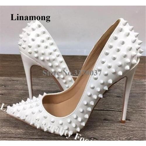 Linamong Top Brand Pointed Toe Stiletto Heel Rivet Pumps Sexy Pink White Gold Silver Studded High Heels Big Size Dress Shoes