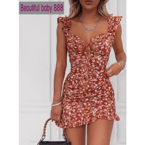 Meqeiss2020New Ruffles Floral Print Fashion Sleeveless Mini Dress Summer Bow Tie Sexy Backless Sundress Party Club Holiday Dress