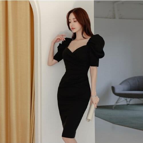 New arrival fashion korean spring midi party dress women OL temperament sexy v-neck vintage puff sleeve slim beach holiday dress