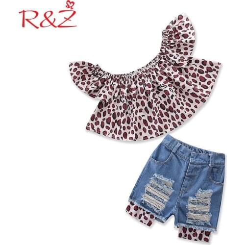 R&Z Ins Fashion 2019 New Kids Clothing Girls Suit Leopard Print One-word Collar Top+Jeans Shorts 2 Pieces Baby Girls Clothes Set