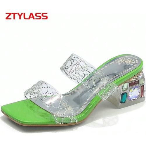 Fashion Transparent Sandals Summer Women Shoes Square Low Heels Crystal Slippers Casual Shoes Ladies