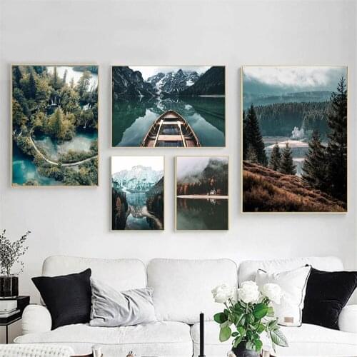 Scandinavian Forest Landscape Canvas Painting Lake Boat Snow Mountain Poster Prints Nature Nordic Wall Art Pictures Home Decor