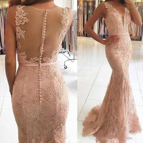 Sexy V-Neck Evening Dresses Wear Illusion Lace Appliques Beaded Blush Pink Mermaid Long Sheer Back New Formal Party Dress P