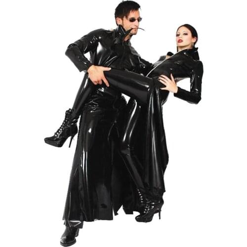 YUFEIDA Women Leather Trench Top Fashion Lady Sexy Faux Leather PU Outerwear Long Women Men Leather Trench Coat Female