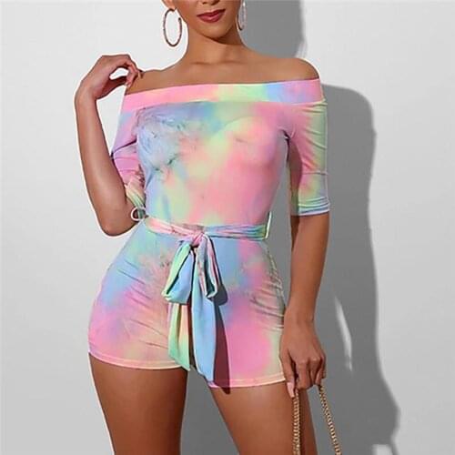 Woman Fashion Pinkycolor Sets Women Fashion Beach Holiday Short Sleeve Sets Female Casual Tie-dye Print Off Shoulder Playsuit#4
